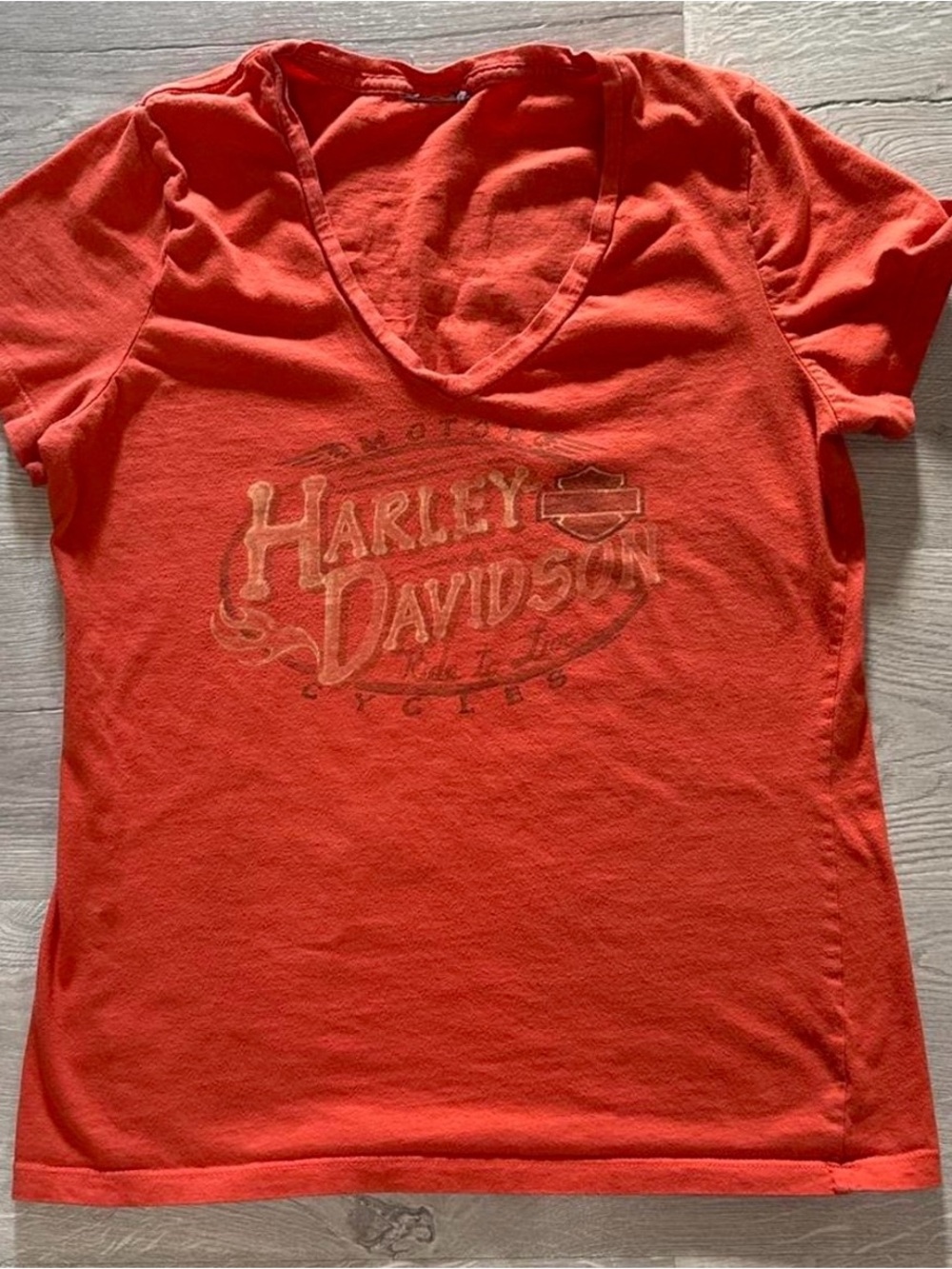 Harley-Davidson Women’s V-Neck Tee in Orange with Faded Gold Logo